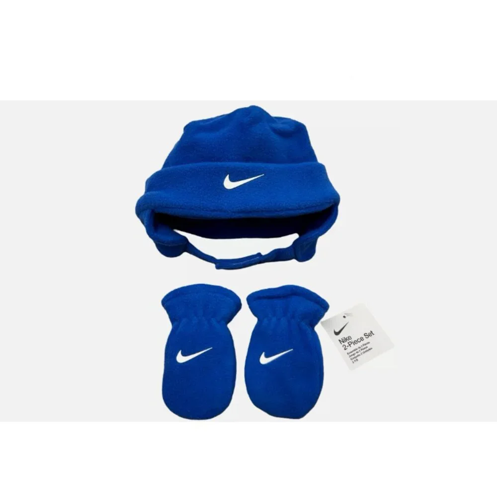 Nike Baby Infant Fleece Chin Strap Trapper Hat & Mittens 2 Piece Set 12-24M Blue